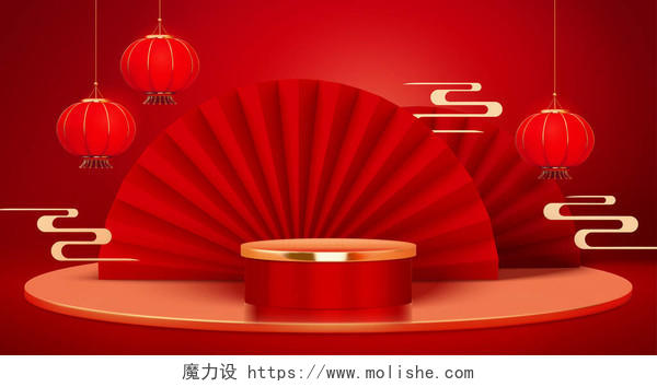 吸引人的纸扇和圆形讲台东方风格红色背景买年货年货节